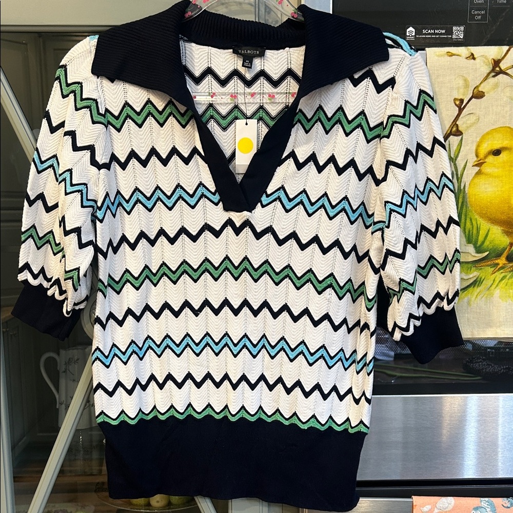 Talbots Flame Stitch Sweater with Green and Blue Accents NWT XS